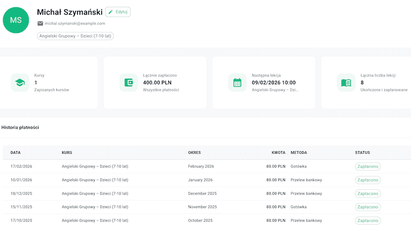 Screenshot: Student profile with progress tracking and notes