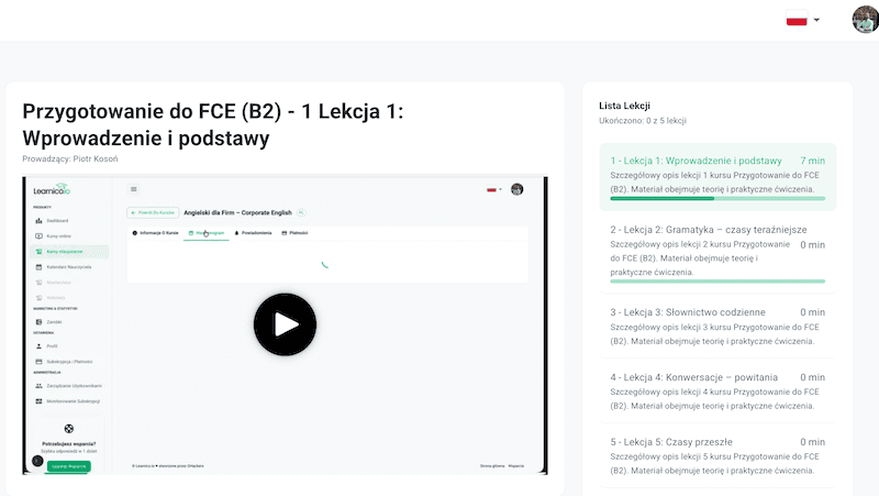 Screenshot: Lesson list showing both online and in-person sessions