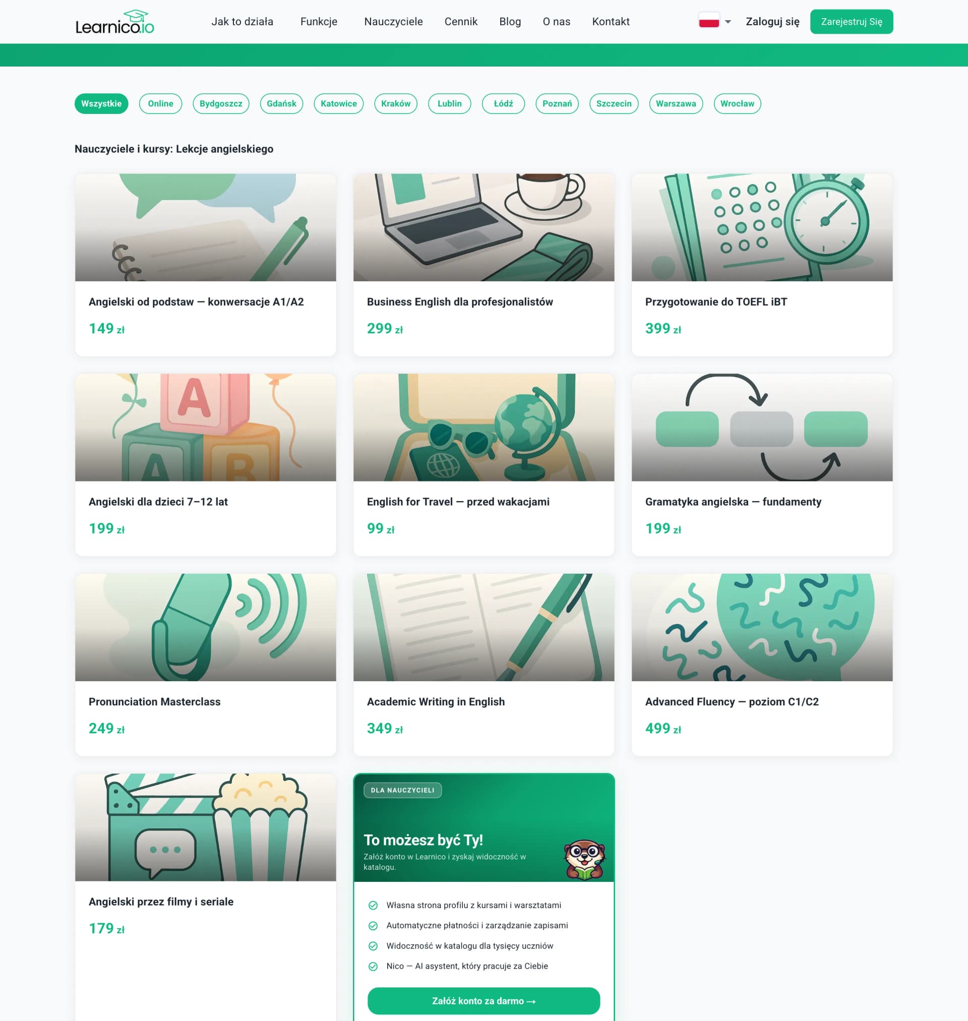 Learnico catalog - English-lesson course cards with descriptions and images